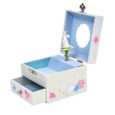 ウサギがかわいいオルゴール付ジュエリーボックス。蓋を開けるとウサギがクルクルと踊ります。