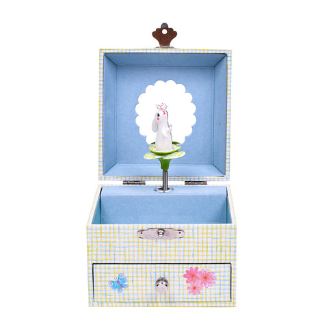 フタを開けるとかわいいウサギの人形が入っています。ゼンマイを回すとオルゴールに合わせて人形がくるくると回りだします。