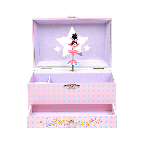 オルゴール付きのジュエリーボックス。中はネックレスやブレスレットなどをしまえる広いスペースがあります。下部には引き出しがあり大切なものをしまいましょう。