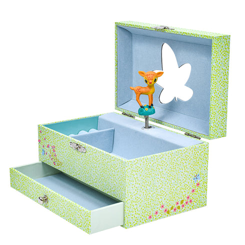 かわいいバンビのオルゴール付ジュエリーボックス。蓋を開けると小鹿がクルクルと踊ります。