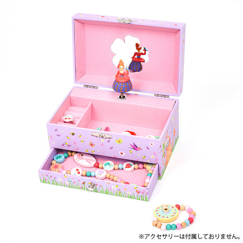 オルゴール付きのジュエリーボックス。中はネックレスやブレスレットなどをしまえる広いスペースがあります。下部には引き出しがあり大切なものをしまいましょう。