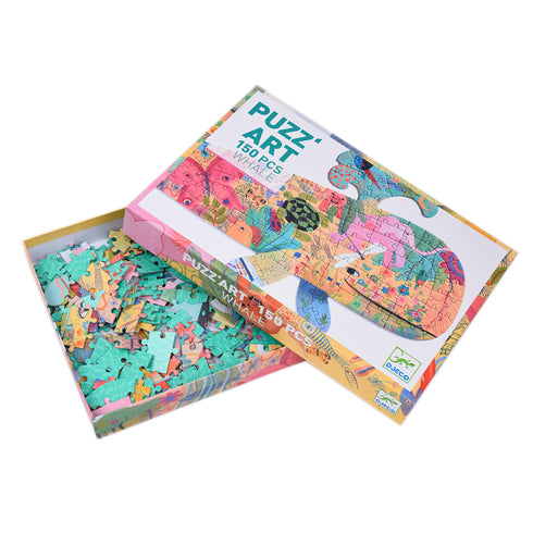 まるでアートのような美しいジグソーパズル。クジラのシルエットの中にさまざまな植物や動物が描かれています。(全150ピース)