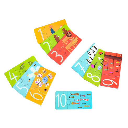 生き物と数がテーマの簡単なパズル。描かれている動物達の数を数字に置き換えます。数と数字が一致しないとパズルは完成できません。パズル合わせをしながら数字を覚えましょう。背景の色をヒントにすると簡単に出来ます。