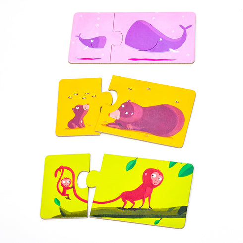 2歳の楽しい簡単知育パズル マムアンドベビー|フランス玩具ジェコ2歳の楽しい2ピースを組み合わせる簡単知育パズル 動物の親子が対になっているパズル。フランス老舗玩具ブランドDJECOジェコの初めてのパズルにおすすめなアイテム