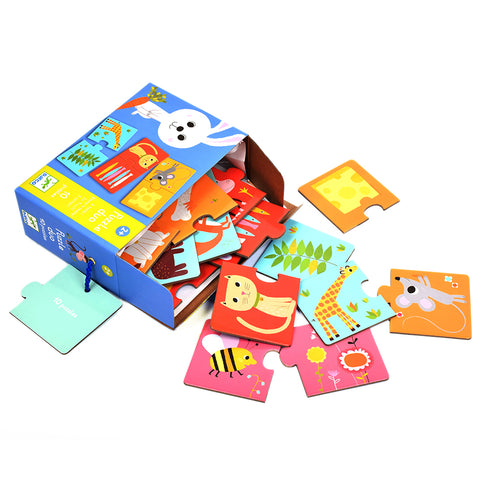 2ピースを組み合わせる簡単な知育パズルです。動物と食べ物が対になっています。