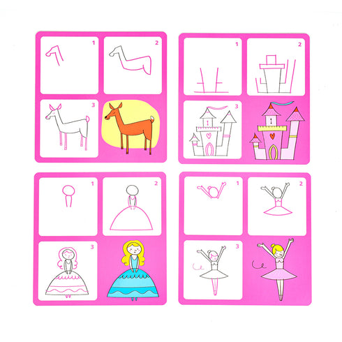 お手本カードに描かれた順番に描くことで絵が完成します。お姫様やお城などのお手本があります。