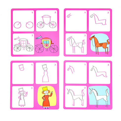 お手本カードに描かれた順番に描くことで絵が完成します。馬やユニコーンなどのお手本があります。