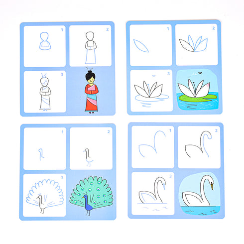 お手本カードに描かれた順番に描くことで絵が完成します。スイレンやクジャクなどのお手本があります。