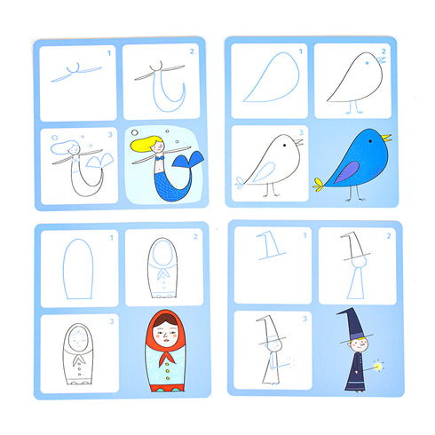 お手本カードに描かれた順番に描くことで絵が完成します。人魚や青い鳥などのお手本があります。