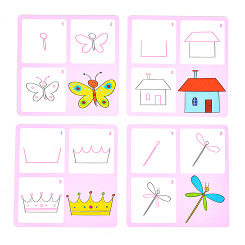 お手本カードに描かれた順番に描くことで絵が完成します。蝶々や王冠などのお手本があります。