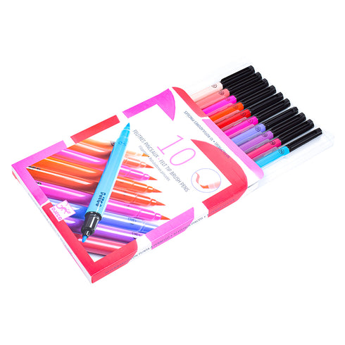 片側が筆ペン、もう片方がペンになっている赤系の色を中心とした10 色のペンセット。